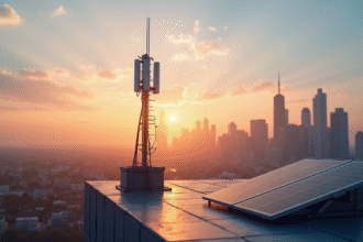 Antenne 5G sur un toit au lever du soleil avec ville et panneaux solaires