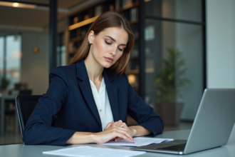 Femme en costume bleu dans un bureau moderne lisant des documents