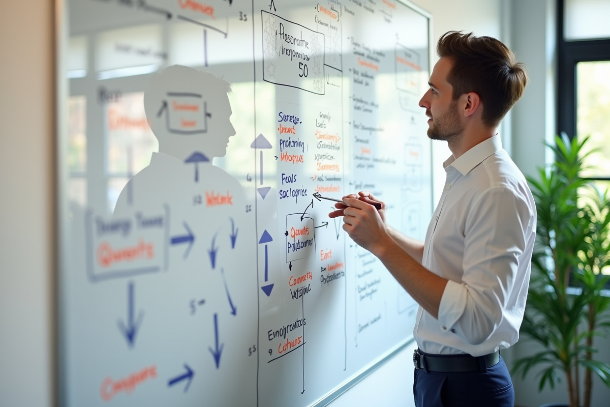 Jeune professionnel planifiant stratégies SEO sur tableau blanc