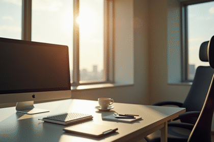 Bureau vide avec ordinateur et tasse de cafe absence
