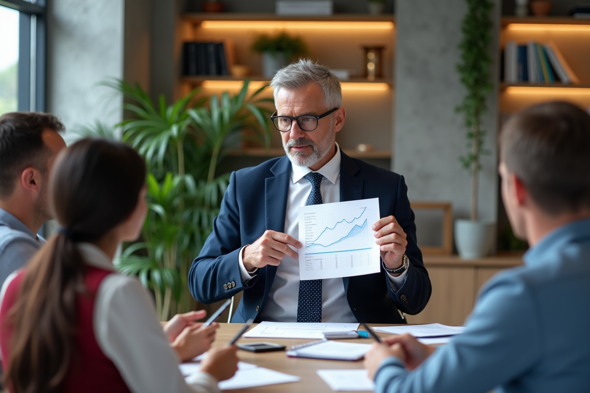 Conseiller financier expliquant un graphique à un groupe