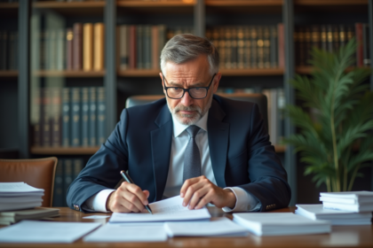 Conseiller politique en costume regardant un dossier
