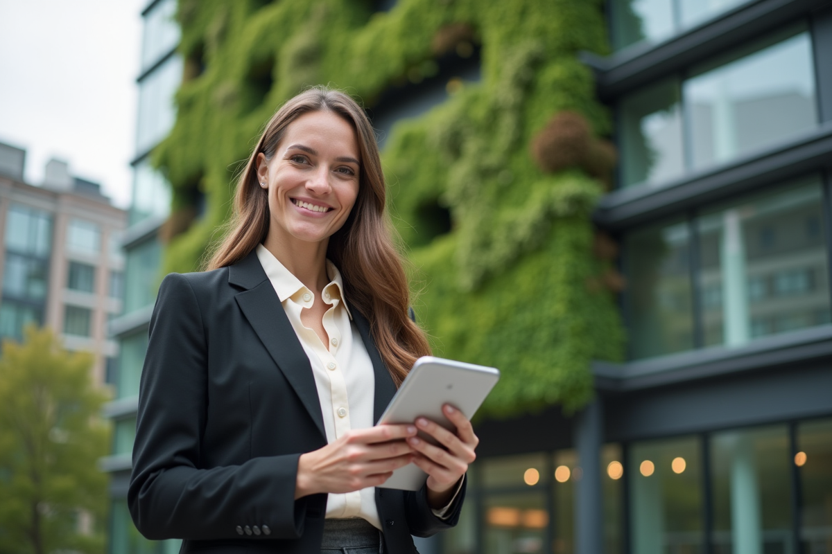 Jeune consultante en extérieur devant un bâtiment écologique