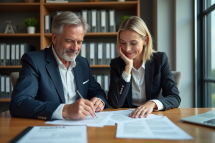 Homme et femme en réunion d'affaires dans un bureau moderne