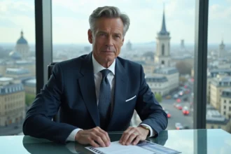 Directeur d'entreprise parisien en costume navy dans un bureau moderne