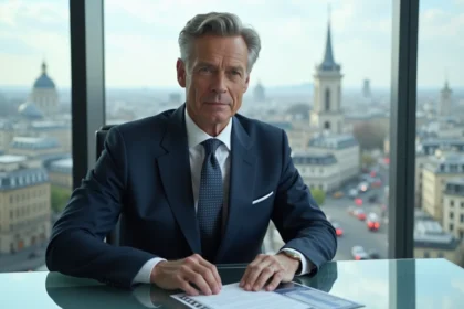 Directeur d'entreprise parisien en costume navy dans un bureau moderne