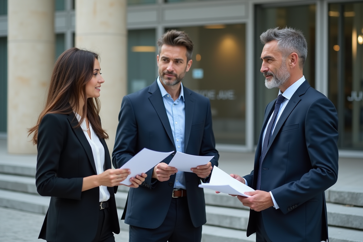Groupe de trois personnes discutant devant un bâtiment officiel