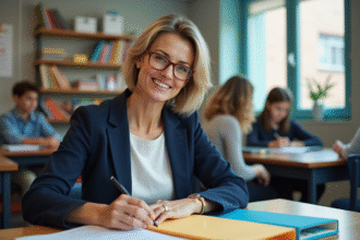 Femme en classe triant des dossiers colorés