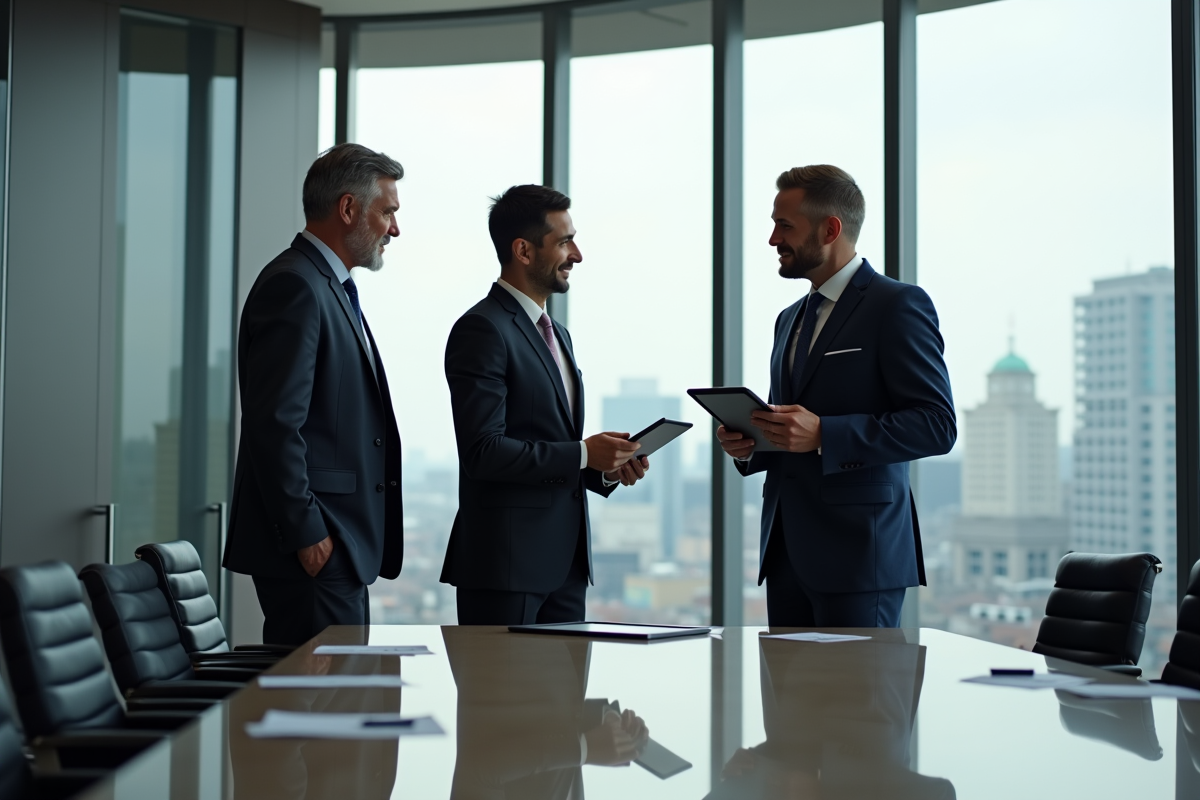 Trois professionnels en réunion dans une salle de conférence urbaine