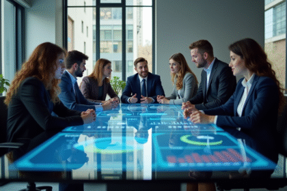 Equipe diversifiee en bureau moderne avec table tactile et analytics
