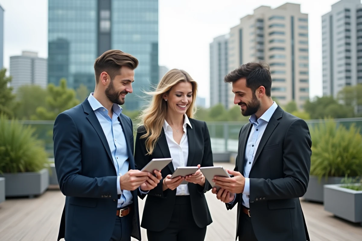 Equipe de trois professionnels discutant en terrasse urbaine