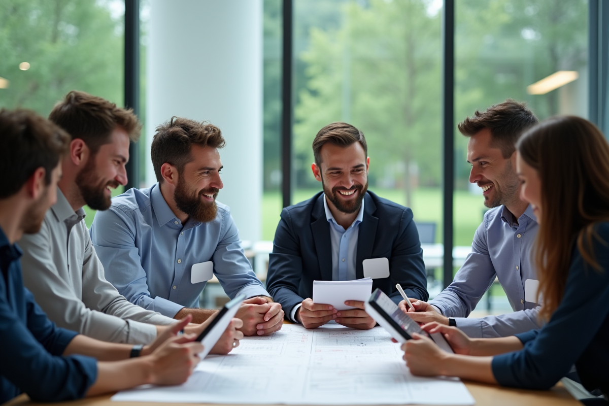 Groupe d'ingénieurs en réunion moderne autour de plans