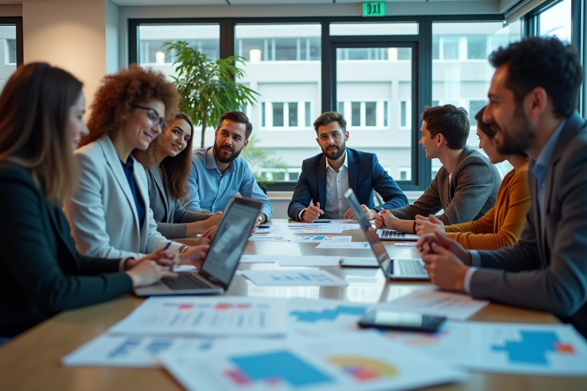 Equipe de marketeurs discutant des resultats publicitaires