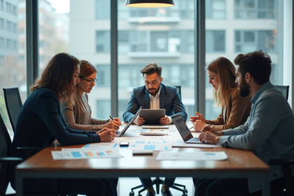 Groupe de chercheurs collaborant dans un bureau lumineux