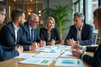 Groupe de professionnels discutant stratégie durable en réunion