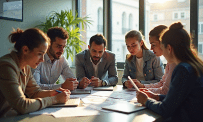 Groupe de professionnels autour d'une table moderne en bureau lumineux