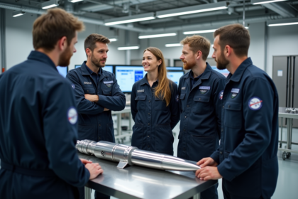 Équipes d'ingénieurs autour d'une maquette de fusée SpaceX