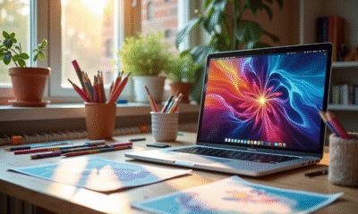 Espace de travail créatif avec fournitures colorées et ordinateur