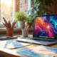 Espace de travail créatif avec fournitures colorées et ordinateur