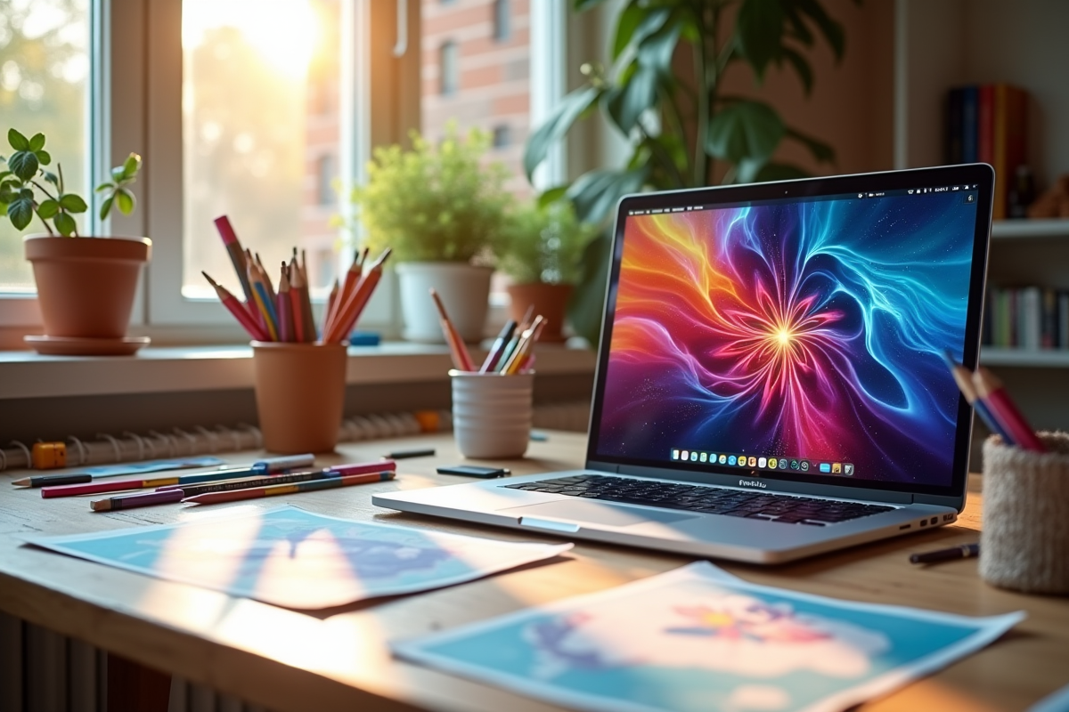 Espace de travail créatif avec fournitures colorées et ordinateur