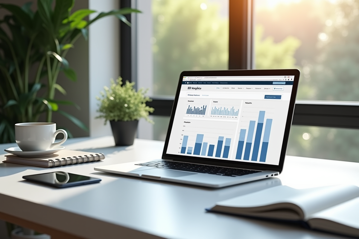 Espace de travail moderne avec ordinateur et analytics SEO