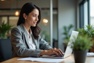 Femme d'affaires analysant des données sur son ordinateur