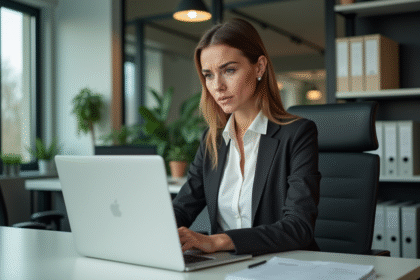 Femme d'affaires tapant un email au bureau