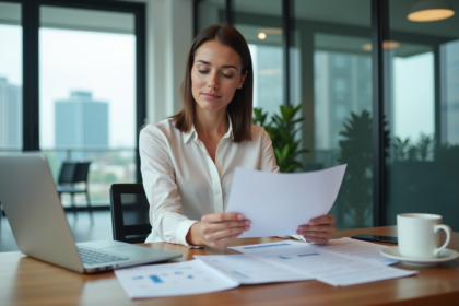 Femme concentrée en bureau avec documents financiers