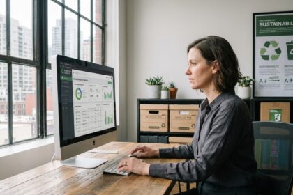 Femme au bureau regardant logiciel de gestion des déchets