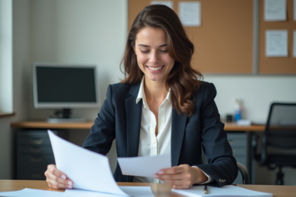 Femme en blazer au bureau examine des documents