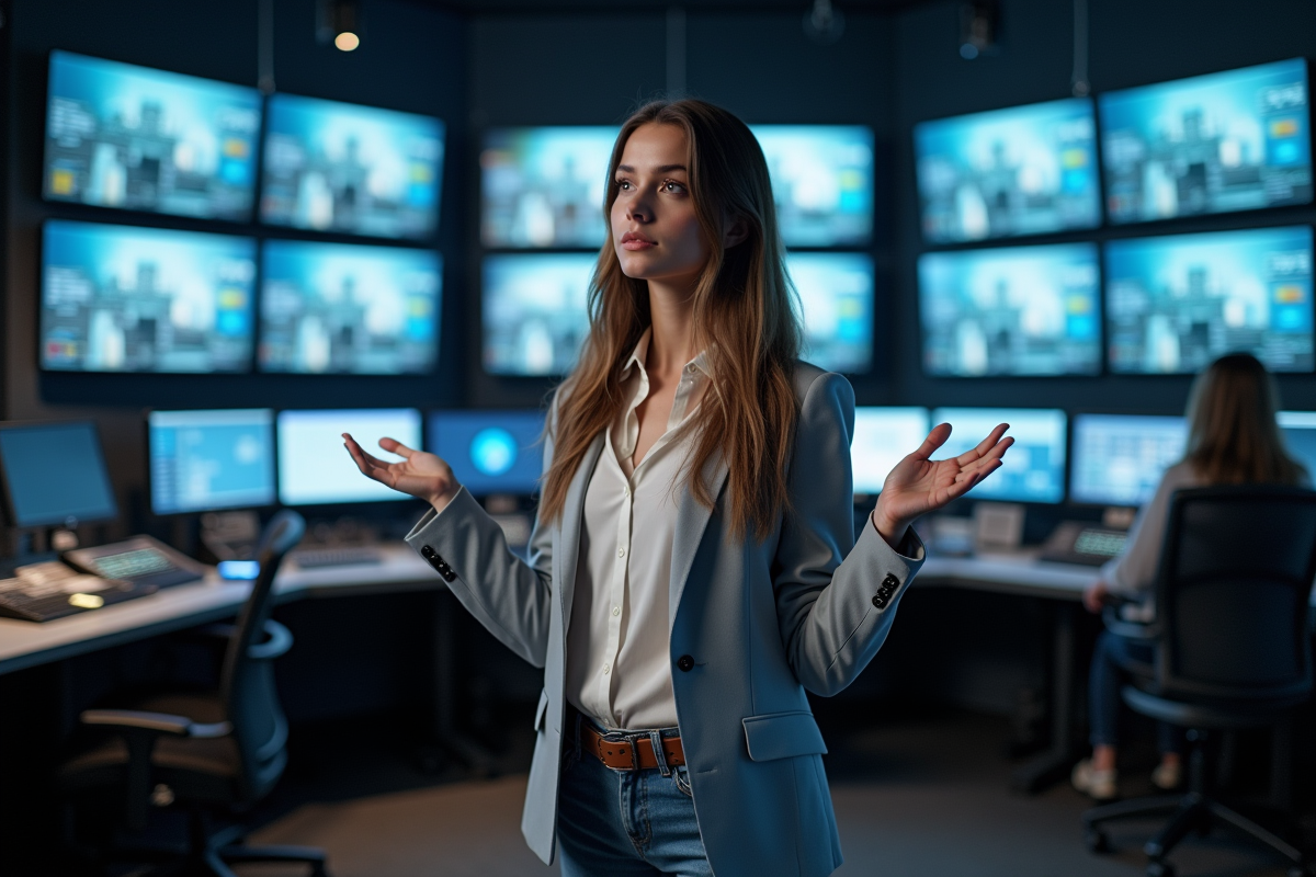 Jeune femme dans un studio de télévision contrôle publicitaire