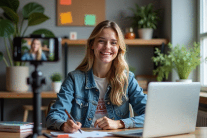 Femme souriante filmant en home office avec smartphone