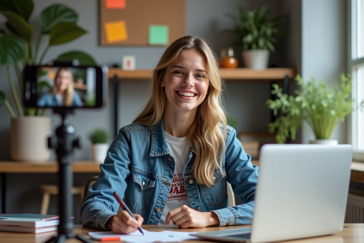 Femme souriante filmant en home office avec smartphone
