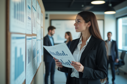 Femme d affaires tenant un tableau de bord KPI dans un bureau moderne