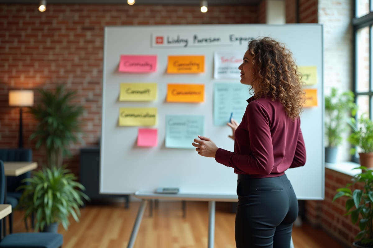 Femme marketing avec tableau blanc et notes colorées