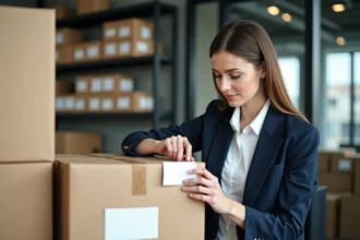 Femme professionnelle attachant une étiquette dans un bureau moderne