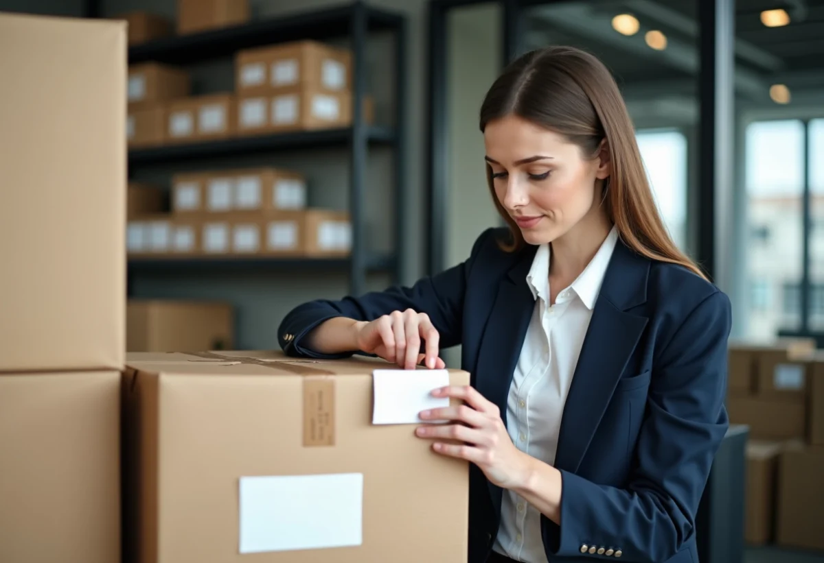 Femme professionnelle attachant une étiquette dans un bureau moderne