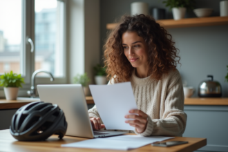 Femme en cuisine remplissant un formulaire en ligne