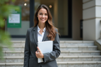 Femme souriante devant mairie avec permis environnement