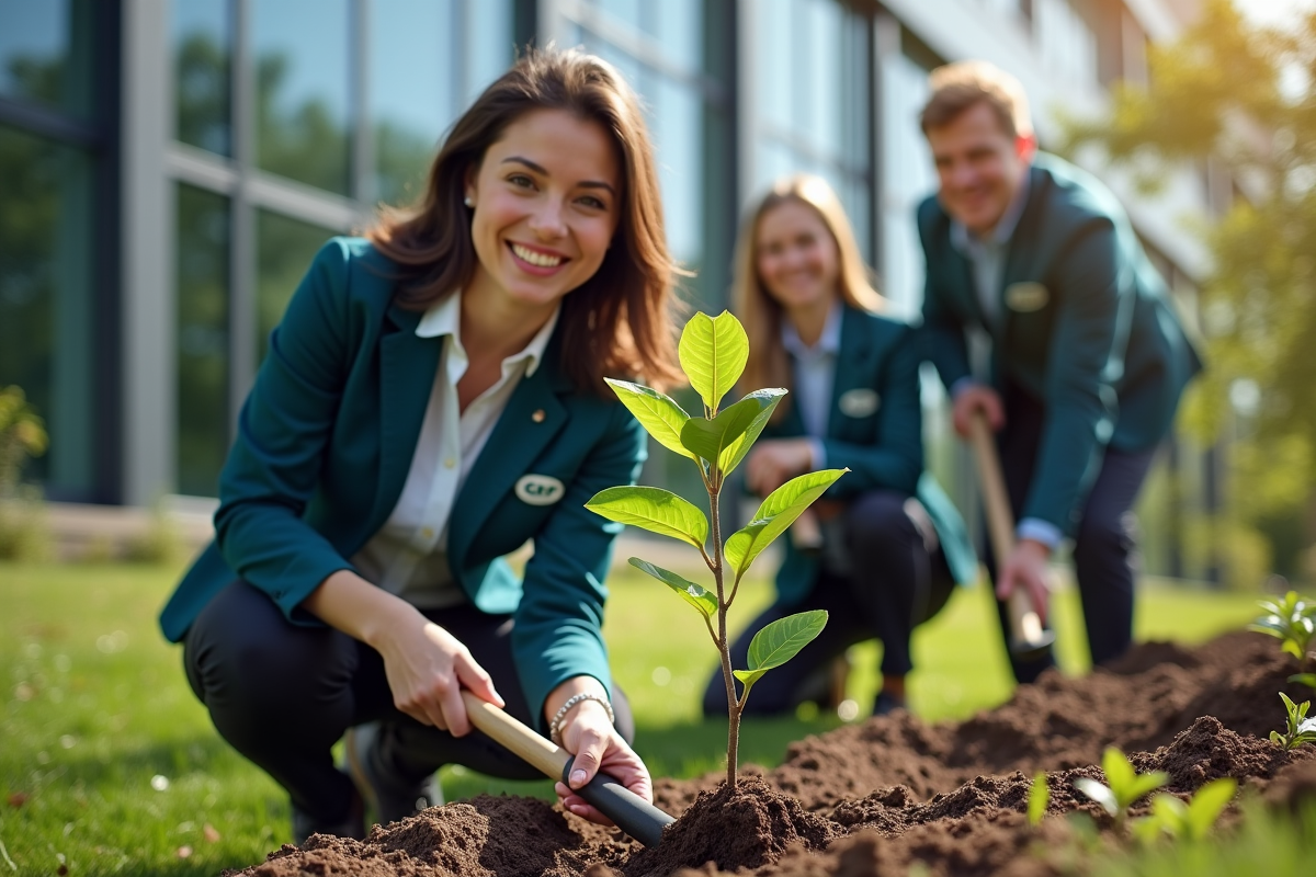 Femme souriante plantant un arbre avec collègues en extérieur