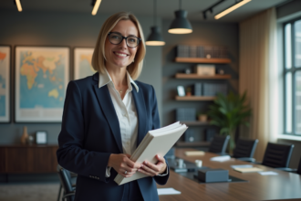 Femme politique en costume navy dans un bureau officiel
