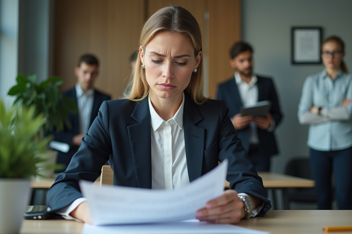 Femme d'affaires en bureau avec expression frustrée