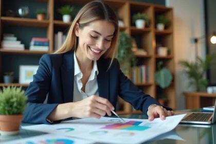 Femme en blazer bleu blanc en réunion de stratégie de ventes