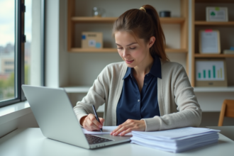 Jeune femme au bureau remplissant des formulaires administratifs
