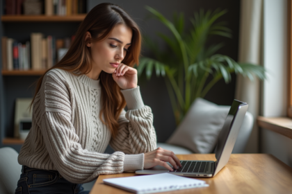 Jeune femme travaillant à son bureau à domicile