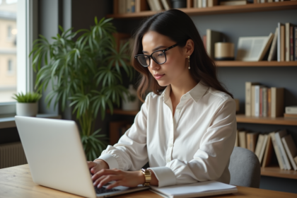 Femme travaillant à son bureau dans un intérieur cosy