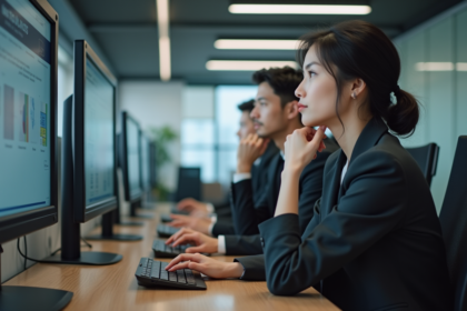 Femme d'affaires observant un coworker avec un panneau de contrôle