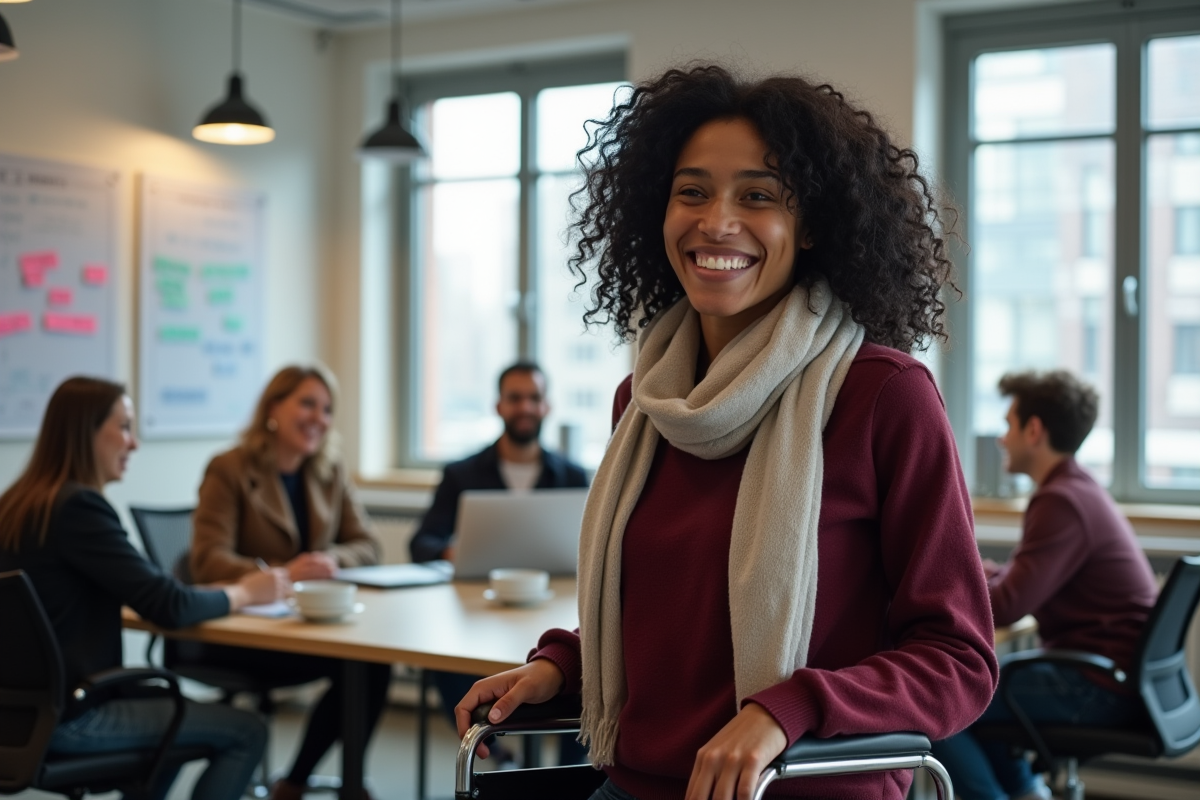 Jeune femme souriante avec équipe dans espace de coworking