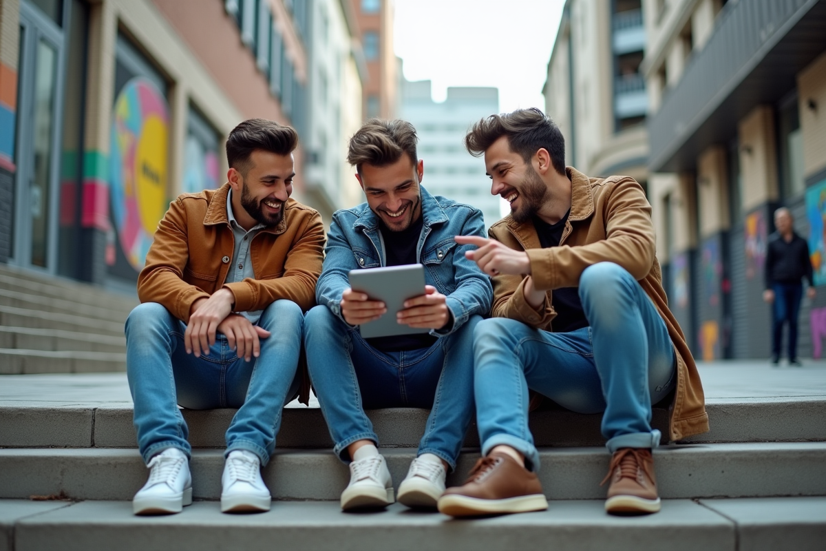 Trois jeunes discutant avec tablette en milieu urbain