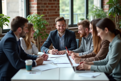 Groupe de jeunes professionnels en réunion dans un espace coworking